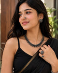 Oxidized Silver Floral Choker Necklace Set with Stud Earrings & Ring – Traditional Indian Jewelry Set