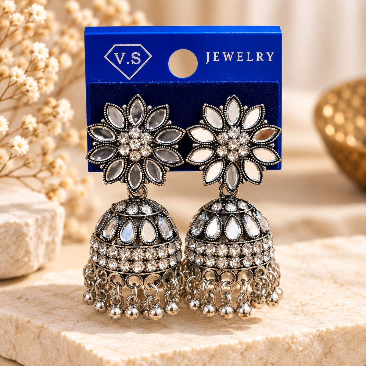 Oxidised Silver Floral Jhumka Earrings with Crystal Detailing