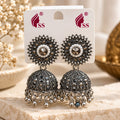 Oxidised Silver Pearl Stud Jhumka Earrings with Crystal Detailing