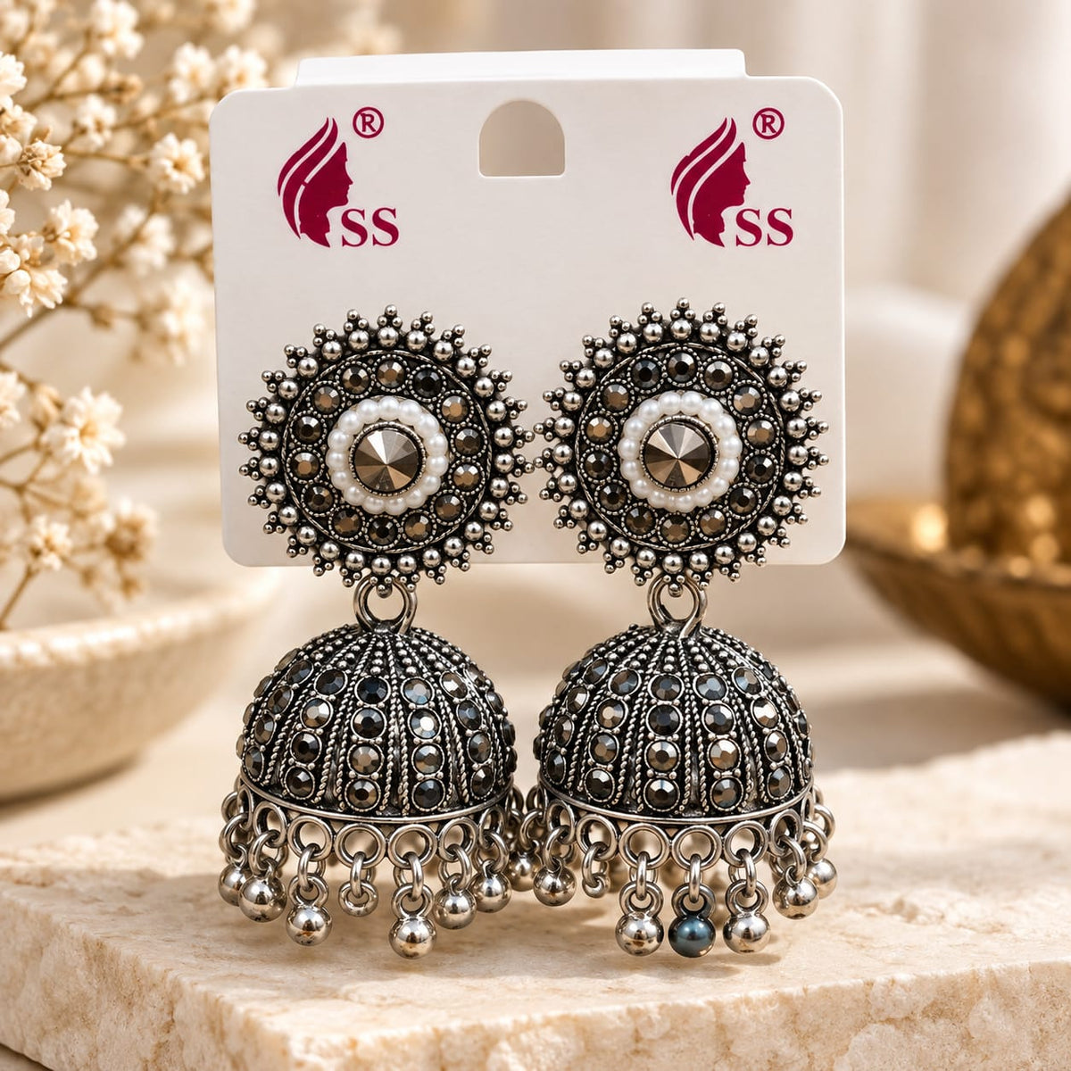 Oxidised Silver Pearl Stud Jhumka Earrings with Crystal Detailing
