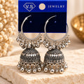 Oxidised Silver Chandbali Jhumka Earrings with Hanging Beads