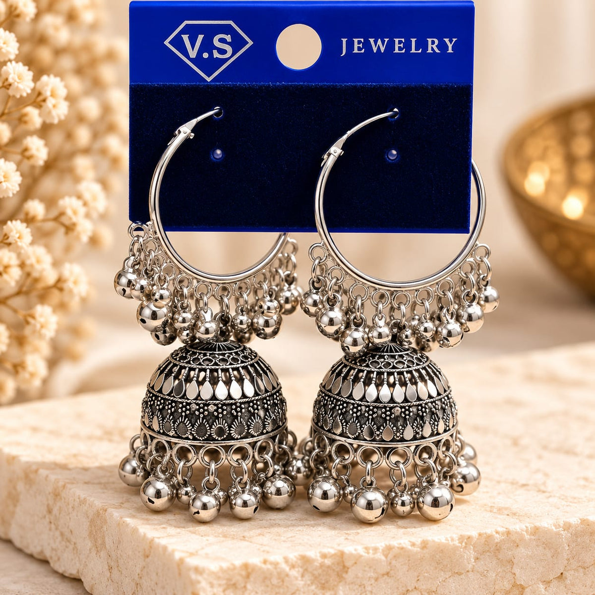 Oxidised Silver Chandbali Jhumka Earrings with Hanging Beads