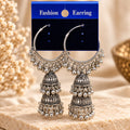 Oxidised Silver Long Chandbali Jhumka Earrings with Double Dome Design