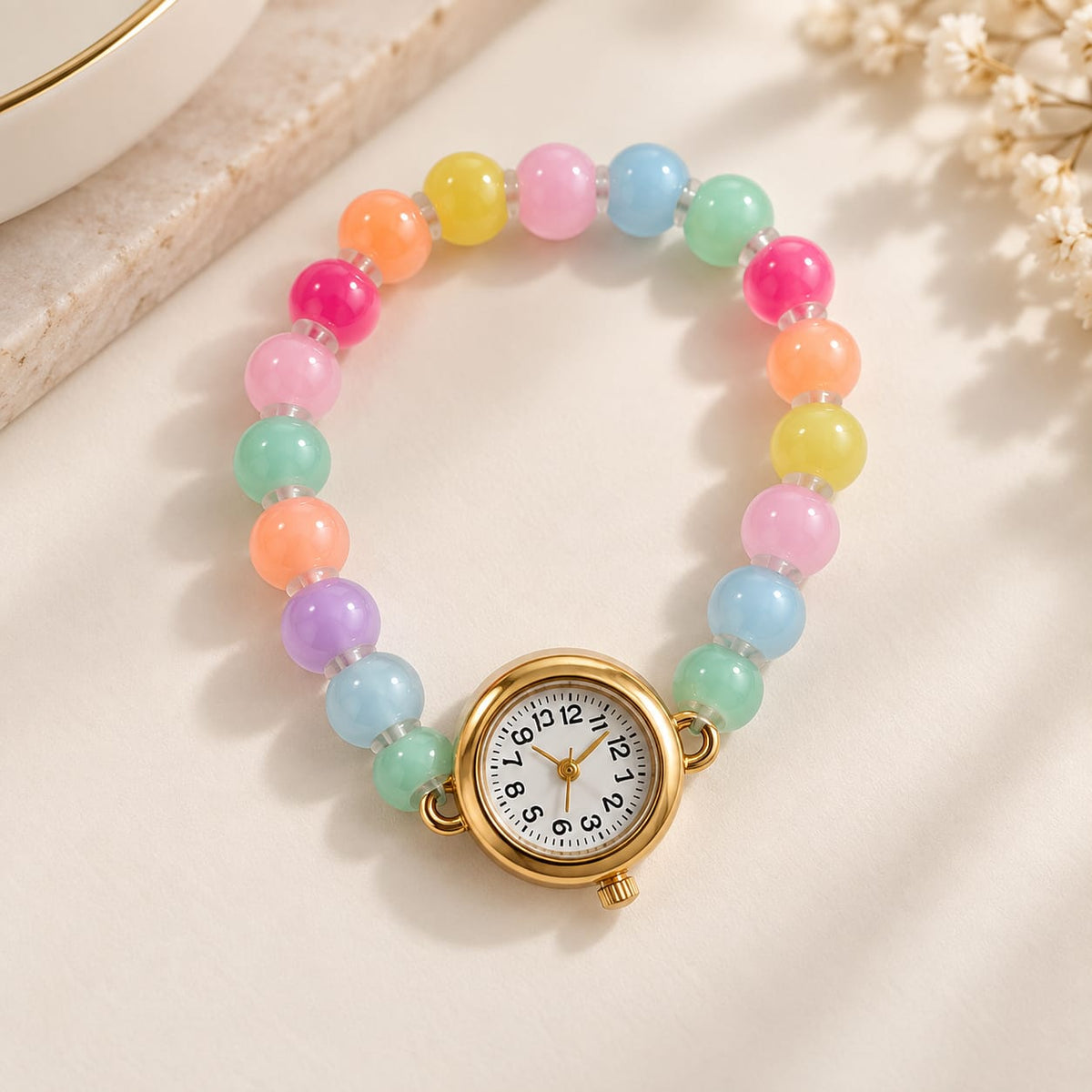 Pastel Rainbow Beaded Bracelet Watch for Women