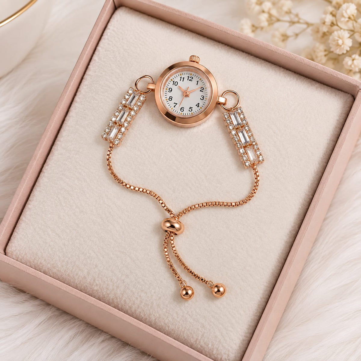 Rose Gold Crystal Chain Bracelet Watch for Women