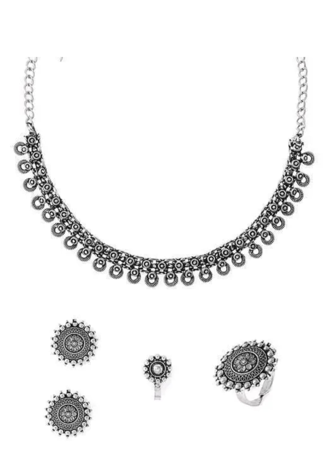 Oxidized Silver Floral Choker Necklace Set with Stud Earrings & Ring – Traditional Indian Jewelry Set