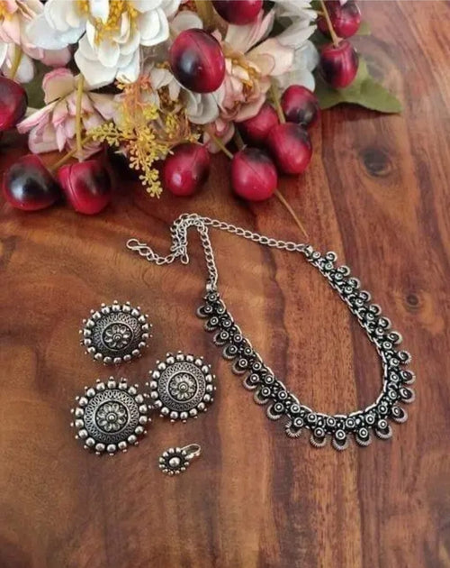 Oxidized Silver Floral Choker Necklace Set with Stud Earrings & Ring – Traditional Indian Jewelry Set