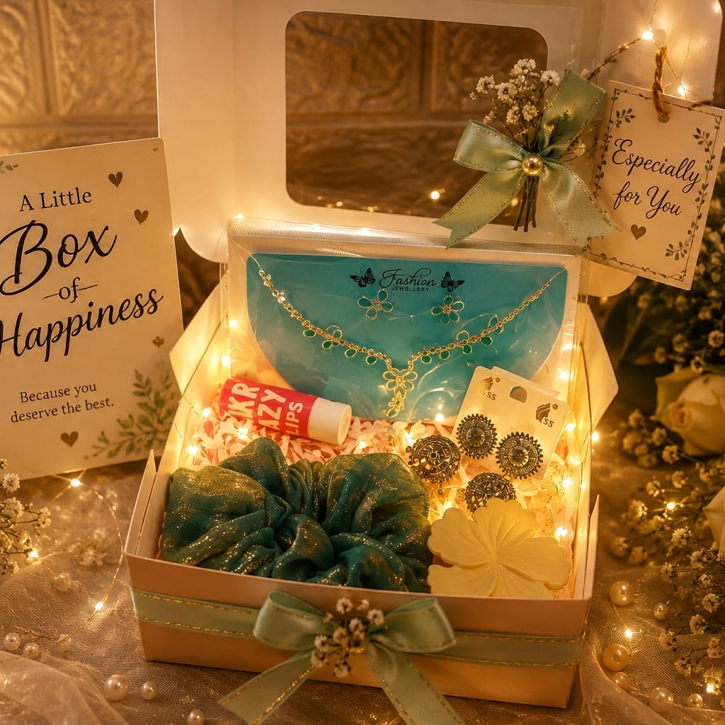Luxury Romantic Jewellery & Beauty Gift Hamper for Women | Necklace, Earrings, Lip Balm, Scrunchie & Decorative Flower | Birthday & Anniversary Gift Box