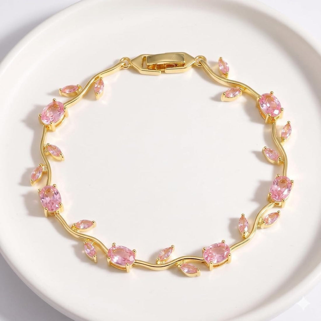 Pink Crystal Wave Bracelet – Elegant Gold-Tone Jewelry