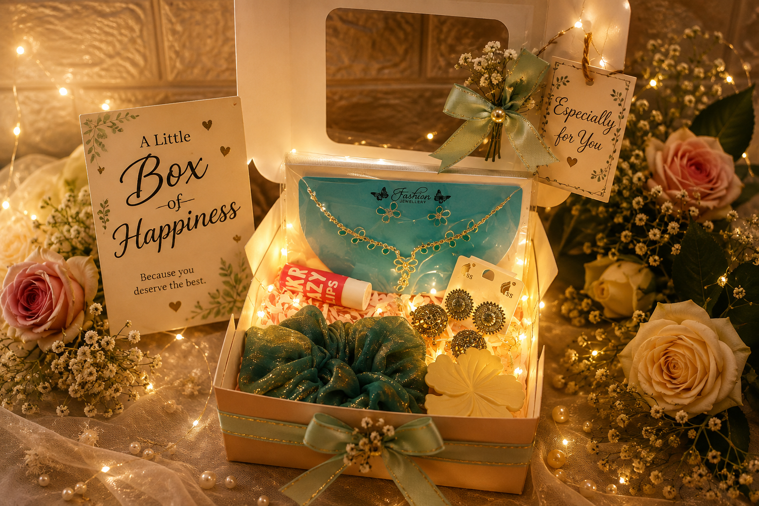 Luxury Romantic Jewellery & Beauty Gift Hamper for Women | Necklace, Earrings, Lip Balm, Scrunchie & Decorative Flower | Birthday & Anniversary Gift Box